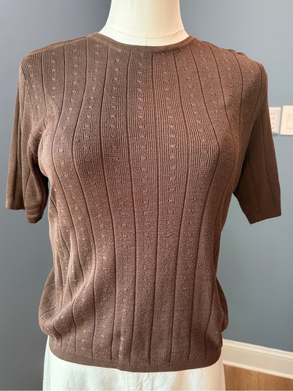 Vintage Charter Club Petite 100% Silk Brown Cable Knit Short Sleeve Sweater S